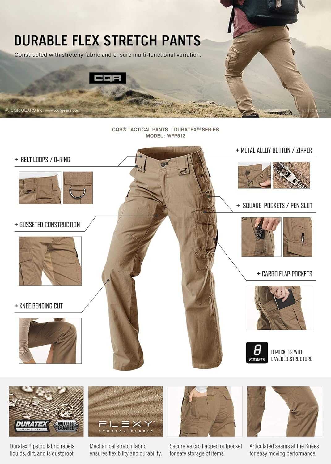 CQR Women's Flex Stretch Tactical Pants, Water Repellent Ripstop Work Pants, Elastic Waist Straight/Cargo Pants with Pockets: Clothing