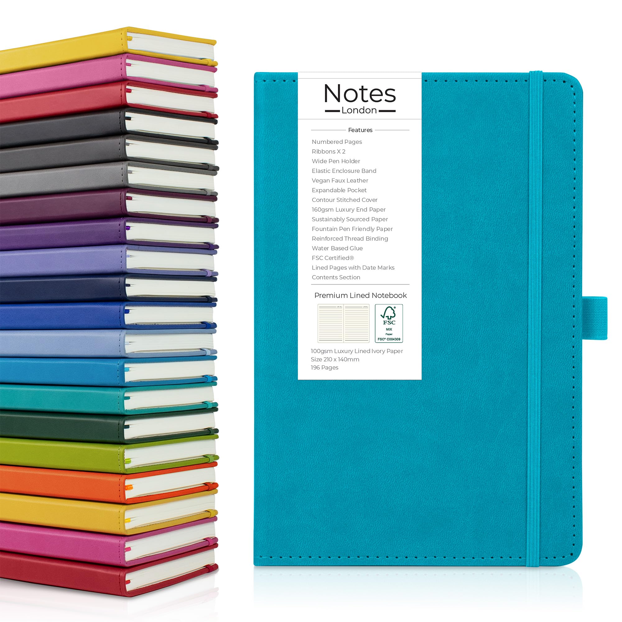 Notes London Luxury Italian style A5 Notebook with Stitched Hardcover, 100gsm Lined Numbered & Date Marked Pages, 2x Ribbons, Pen Loop, Contents Page, Paper Pocket, Medium Journal, Sustainable (Cyan)
