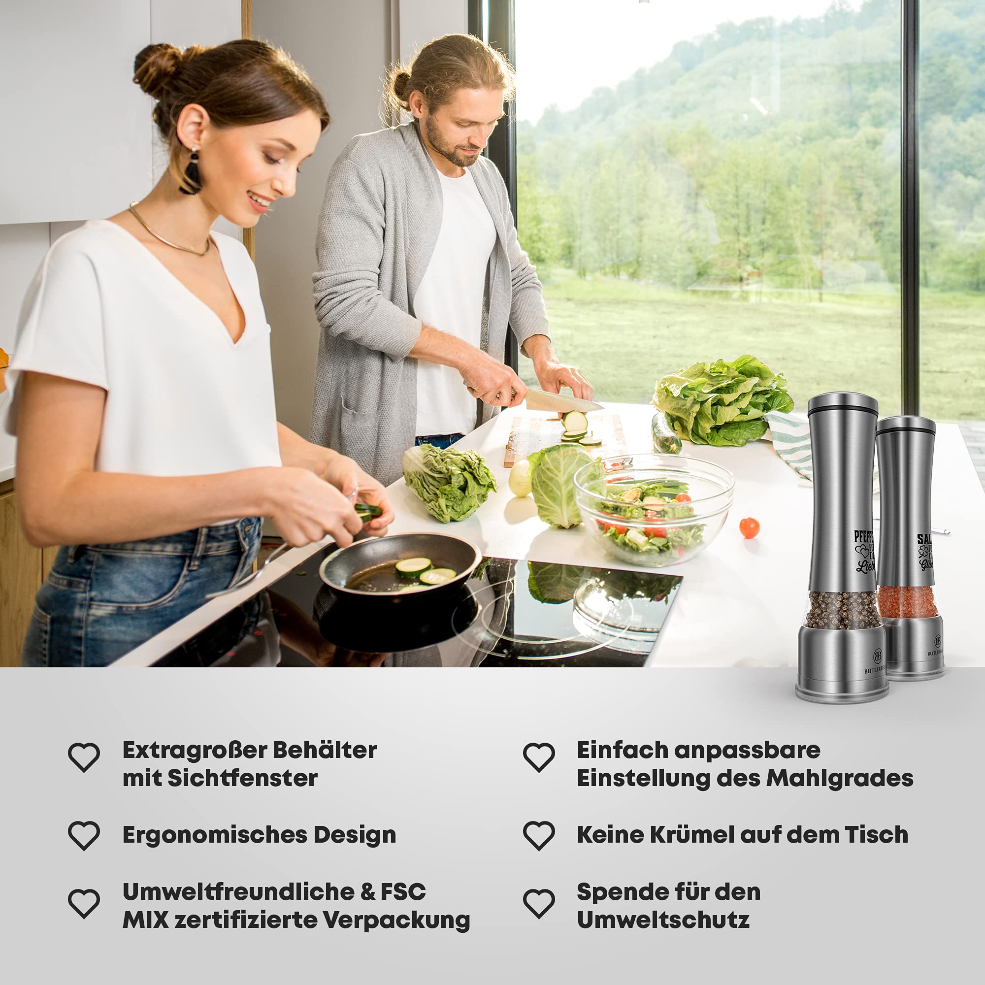 BUTLERBELL® Salz und Pfeffermühle mit Keramikmahlwerk | Gewürzmühlen Set | Hochzeitsgeschenke für Brautpaar 8