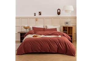 ECOCOTT Duvet Cover King Size - Linen Feel Organic Natural 100% Washed Cotton, Soft Breathable 3 Pieces Bedding Set with Zipper Closure, Burnt Brick Red