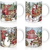 Whaline 4Pcs Vintage Christmas Mug Set 12oz Santa Snowman Coffee Mug Ceramic Xmas Winter Party Cups for Home School Office Housewarming Gift
