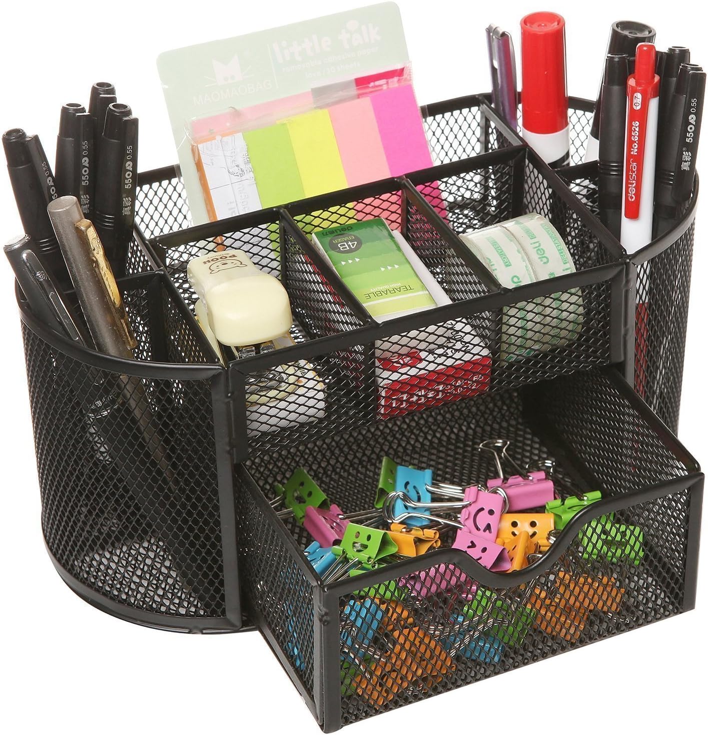 RONTENO Metal 9 Compartment Stand Mesh Desk Organizer Table 9 Cell Jewelry Storage Box Drawer Pencil Pen Holder - 1 Pc (Black Color)