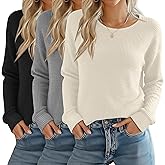 Yearntown 3 Pack Women's Waffle Knit Long Sleeve Shirts, Crew Neck Slim Fit Thermal Tops Casual Stretch Basic Pullover