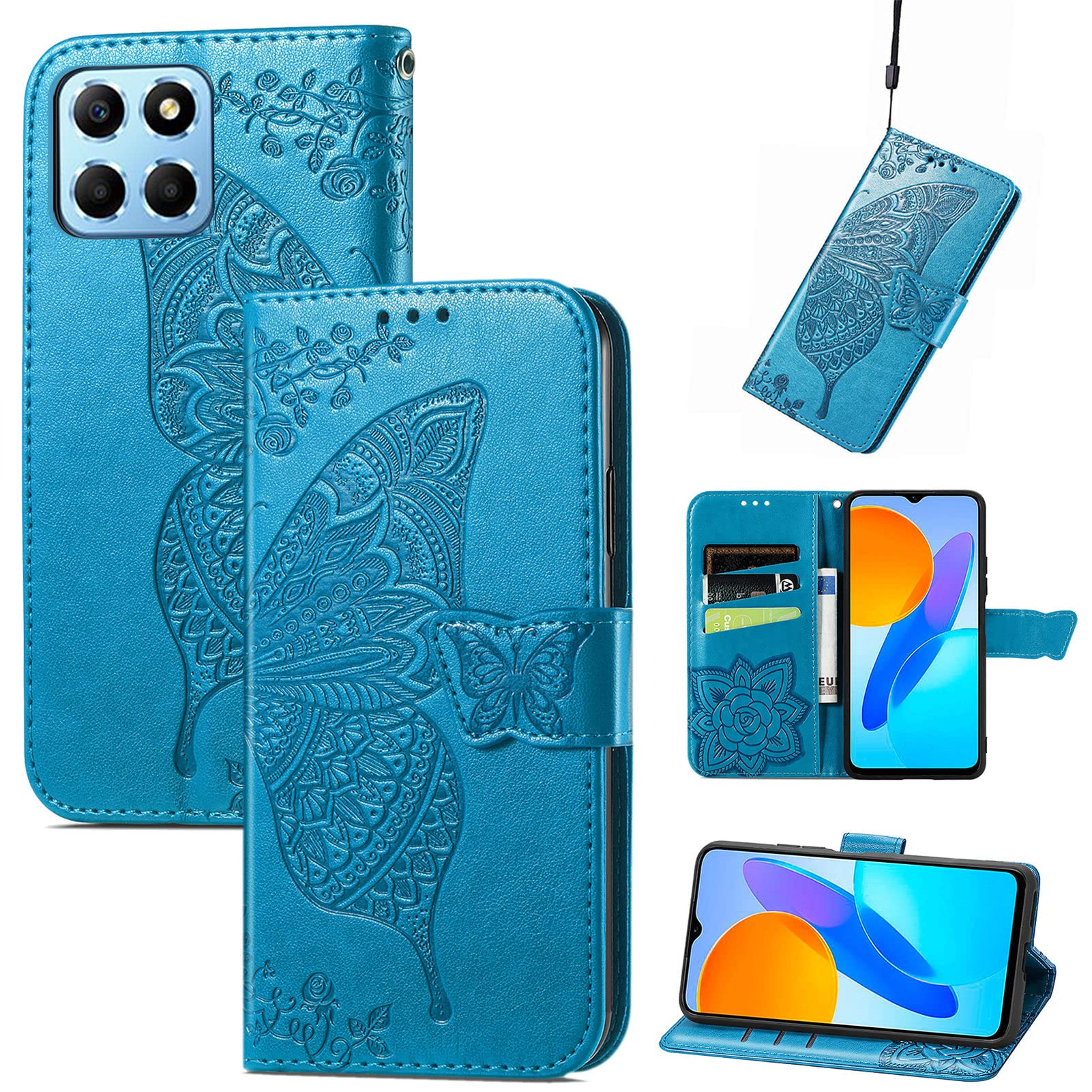 JIUNINE Case for Honor X6 / Honor X8 5G / Honor 70 Lite, Leather Wallet Case Flip Cover with Butterfly Embossed Pattern [Card Holder] [Magnetic Closure] [TPU Inner Shell] for Honor 70 Lite, Blue