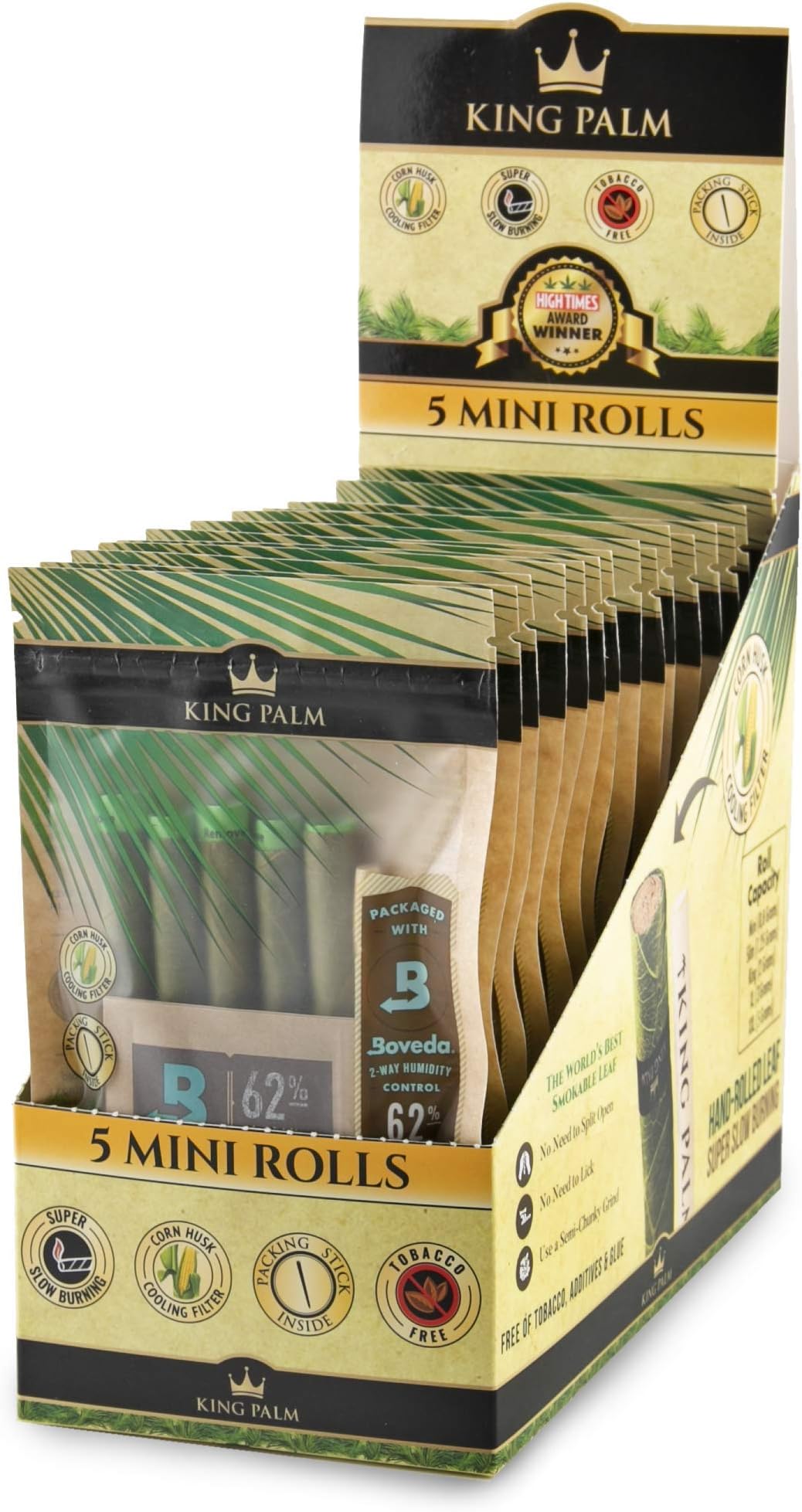 King Palm Mini Size Cones (Display CASE - 15 Packs of 5, 75 Rolls Total) - Natural Pre Wrap Palm Leafs - Pre Rolled Cones - All Natural Cones - Corn Husk Filter - Preroll Cones - Cones with Filter