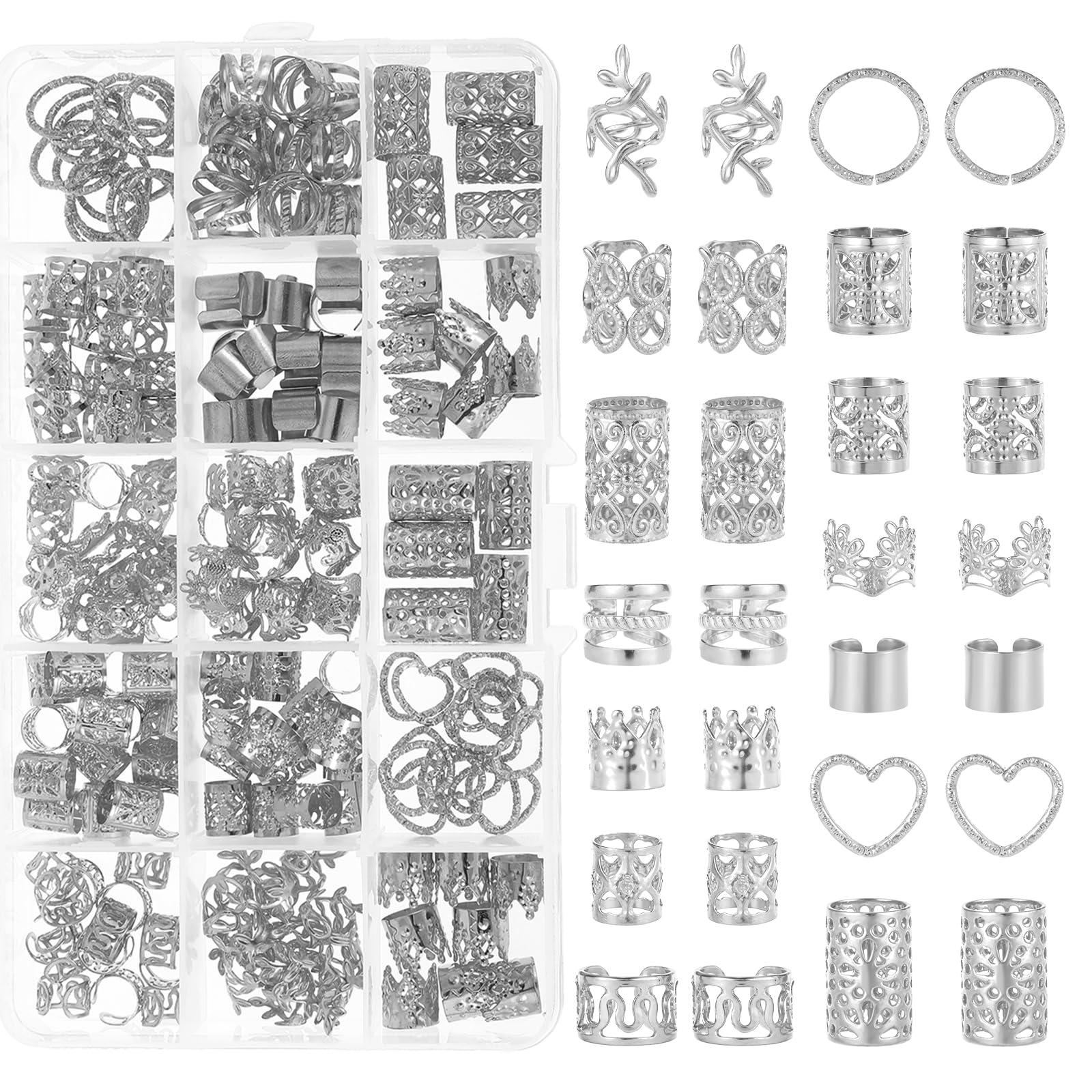 Photo 1 of Nogeqi 190PCS Silver Hair Jewelry for Braids, Metal Hair Charms Cuffs Rings Clips, Silver Loc Jewelry for Women Men Dreadlock Accessories Decorations