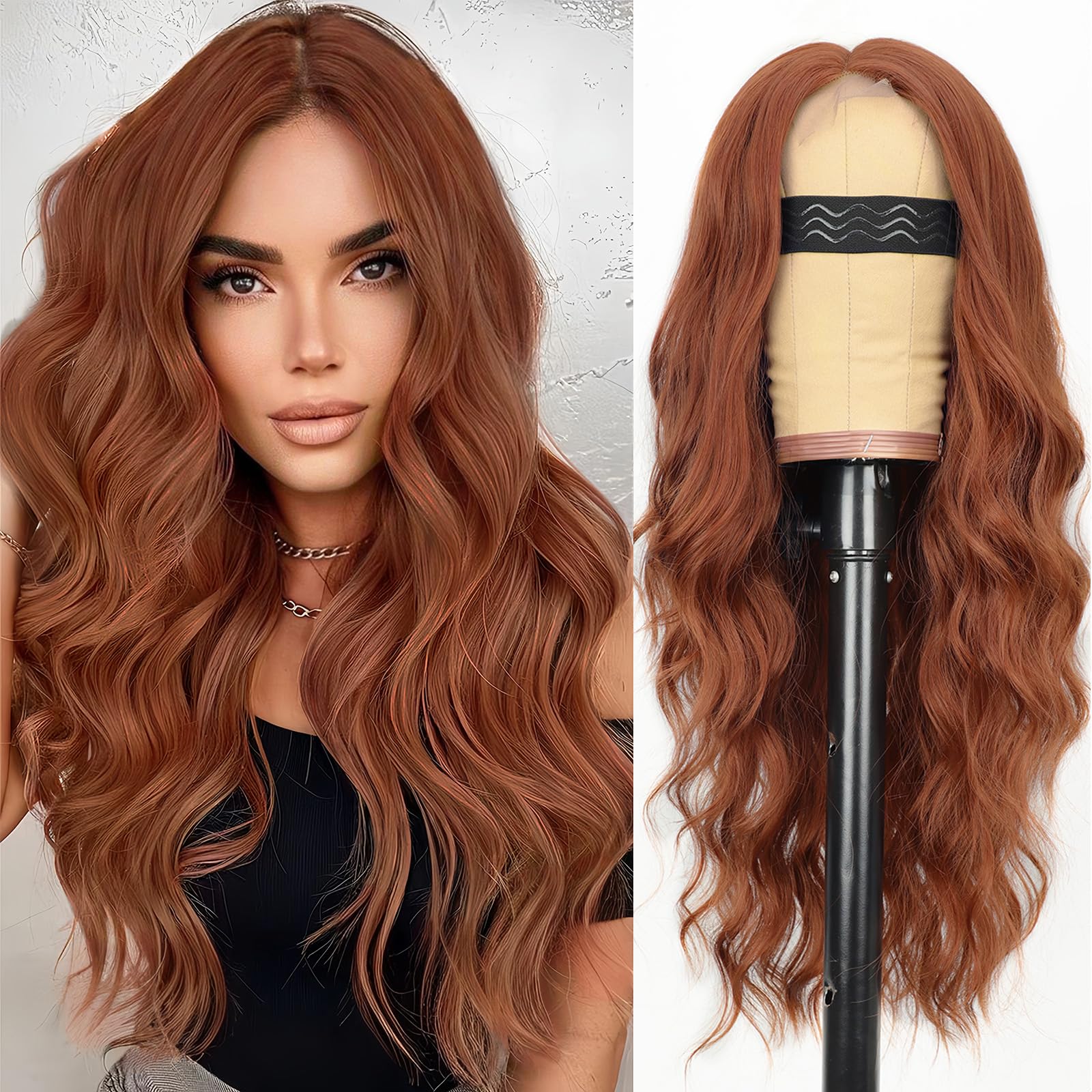 Photo 1 of AISI HAIR Auburn Wigs for Women, Long Wavy Lace Hairline Middle Part Synthetic Heat Resistant Wig for Daily Party-26 Inch