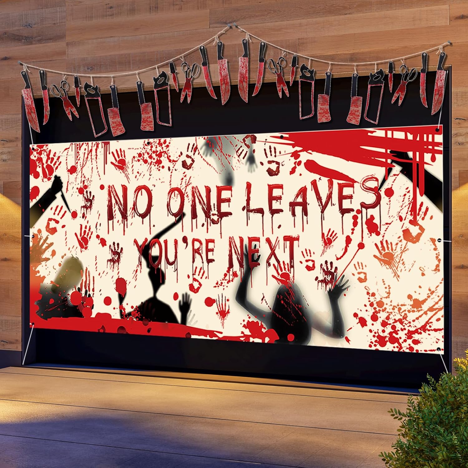 Garage Door Decorations - Halloween Garage Door Banner Cover + 2 Sets Bloody Garlands, 6x13ft Backdrop with Ghosts, Bloody Handprints Scary Zombie Vampire Indoor/Outdoor Party Decorations Supplies for Wall Window Yard