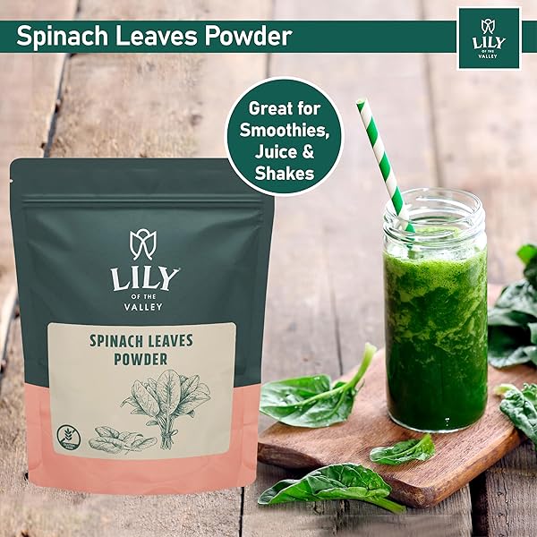 LILY OF THE VALLEY SPINACH POWDER – GREEN SUPERFOOD POWDER FOR JUICE, SMOOTHIES, SOUPS, BAKED DISHES & RECIPES – VEGAN & GLUTEN-FREE – PACKED IN RESEALABLE POUCH (16OZ, 453G)