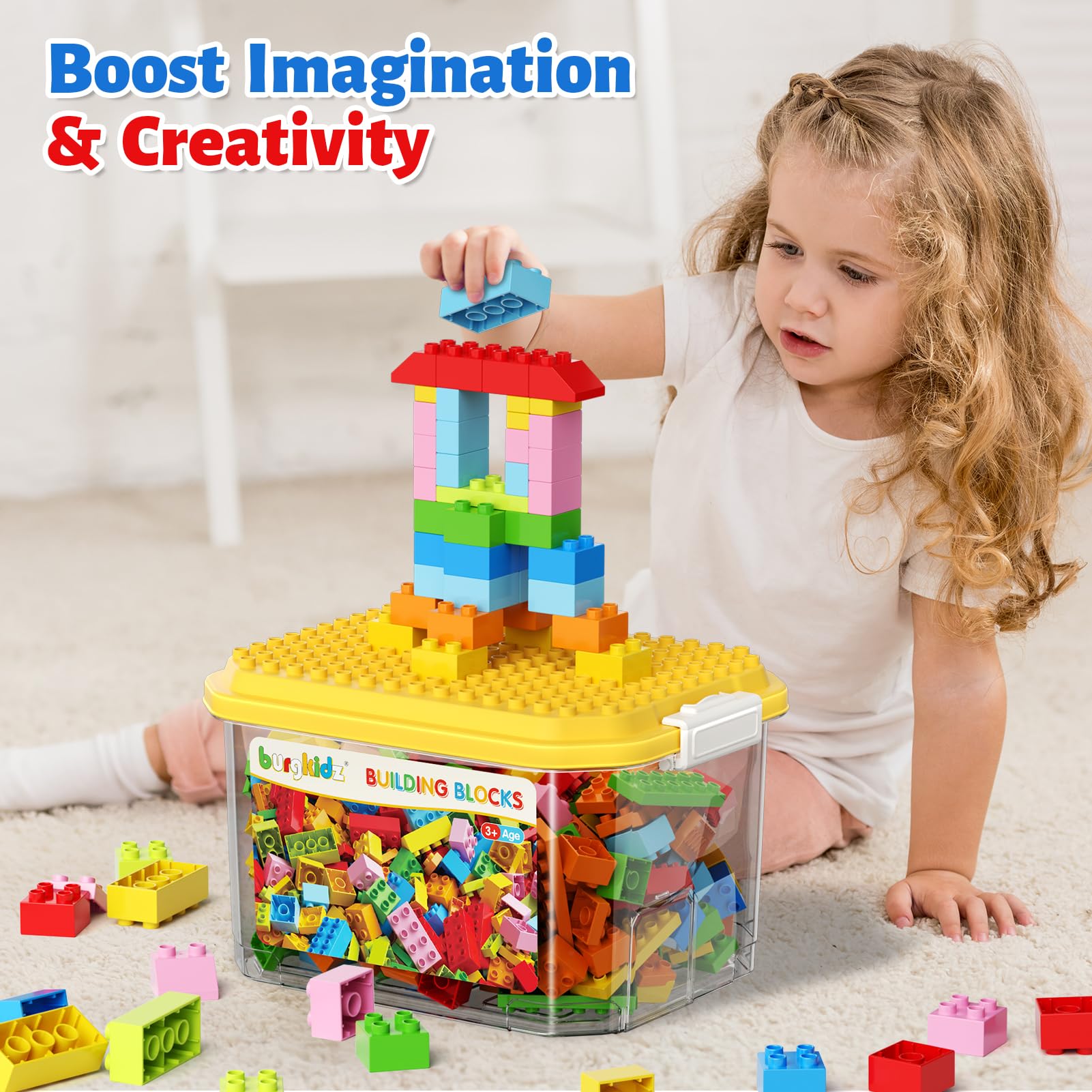 burgkidz Bausteine, 150 Farbenfrohe große Kreative Bauklötze mit Aufbewahrungsbox, die Kinder zum Bauen Anregen Zahlen und Alphabet, Konstruktionsspielzeug für Jungen Mädchen ab 3+ Jahre 4
