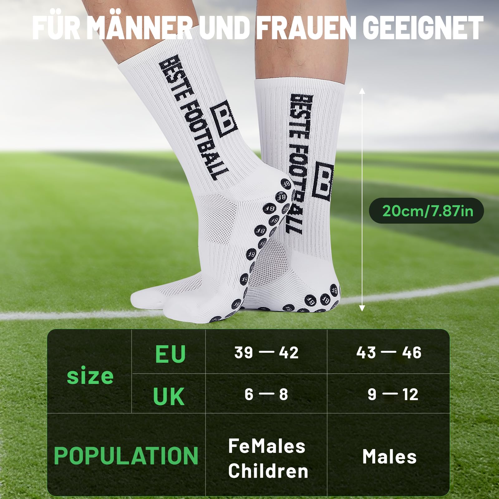 BESTE FOOTBALL Grip Socken Fussball 3 Paar 43-46 Football Socks für Herren Damen und Kinder, Anti Rutsch Fußball Socken, Fußballsocken für Sport, Yoga, Tennis, Basketball, Weiß 6