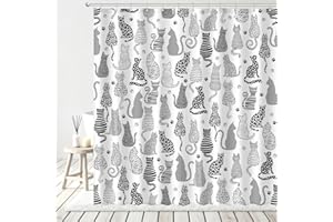 AMLabubu Fun Line Cat Shower Curtain Set, Cute Animal Kitten Black and White Bathroom Decor, Polyester Cloth Fabric Bath Curtain with 12 Hooks 72" W x 72" L