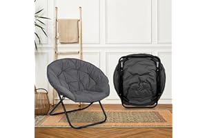 GREZJXC Round Foldable Moon Saucer Chair Capacity Cozy Chair with Black Metal Frame Portable Folding Chair for Dorm and Bedroom, Grey