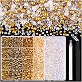 14000PCS Flatback Pearls and Gold Rhinestones for Bedazzling Kit, White Brown Mixed Size 3-10mm Resin Rhinestones Gems and Half Pearls for Crafting, Nail Art Crafts Decoration