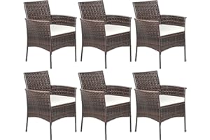 RELAX4LIFE Wicker Patio Chairs Set of 6, Indoor Outdoor PE Rattan Armchairs w/Cane Back, Seat Cushions for Bistro Porch Poolside, 360LBS Weight Capacity, 6 Pack Outdoor Dining Chairs (6, Brown+Beige)