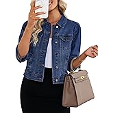 Vetinee Womens Jean Jacket Cropped Denim Jackets Stretchy 3/4 Puff Sleeve Distressed Shacket with Pockets