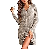 Ekouaer Nightgowns for Women Button Down Night Shirt Long Sleeve Ribbed Knit V-Neck Sleepwear Pajama Dress