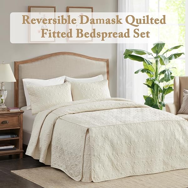 MADISON PARK QUEBEC SPLIT CORNER QUILTED BEDSPREAD CLASSIC TRADITIONAL DESIGN ALL SEASON, LIGHTWEIGHT, BEDDING SET, MATCHING SHAMS, QUEEN, DAMASK QUILTED CREAM 3 PIECE