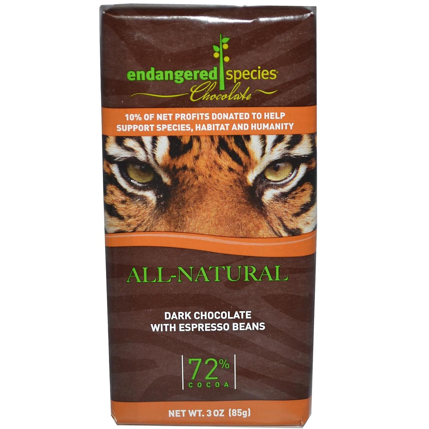 Endangered species chocolate Dark chocolate with expresso beans bar Natural - Tiger (037014242232)