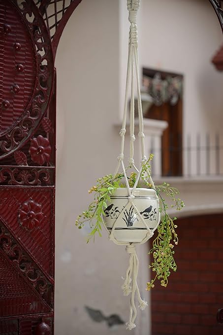 Pooja ki Potli Cotton Cord Plant Holder, Off-White, Height 36 inches