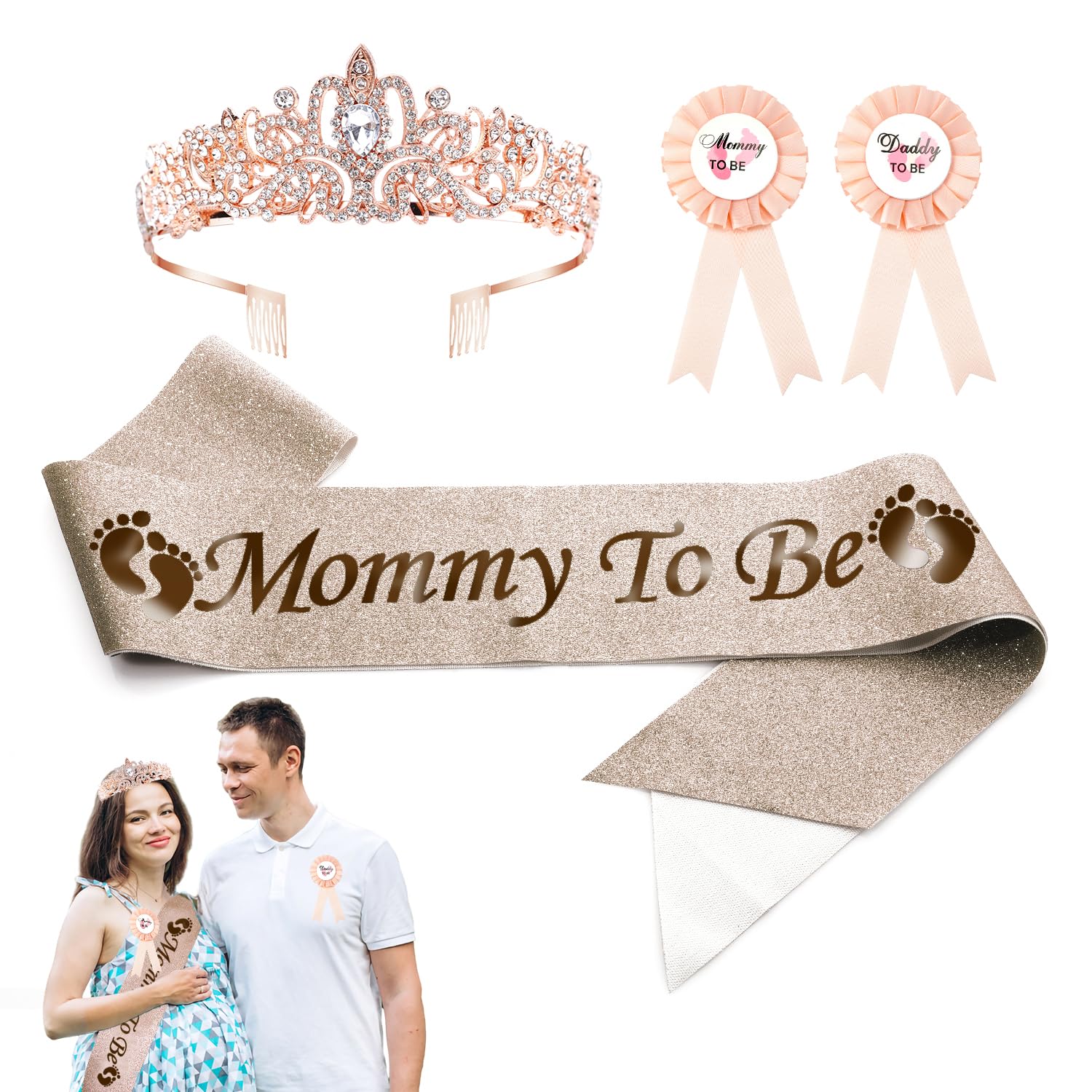4pcs Mommy to Be Sash Set, Mommy to Be Crown and Sash with Corsage for Pregnant Mommy and Daddy Mom to Be Baby Shower Decoration (Rose Gold)