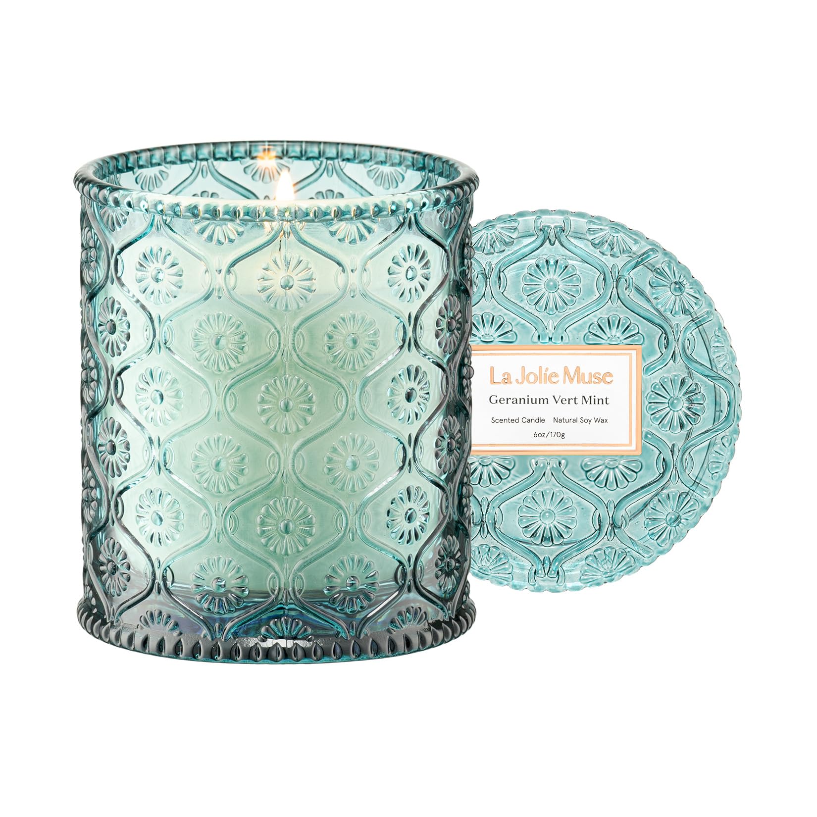 LA Jolie Muse Geranium Vert Mint Candle - Mint, Geranium, Lavender | 6 oz Natural Soy Wax | 40 Hours Clean Burn | Fresh Scented Candle | Gift-Ready for Hosts & Gatherings