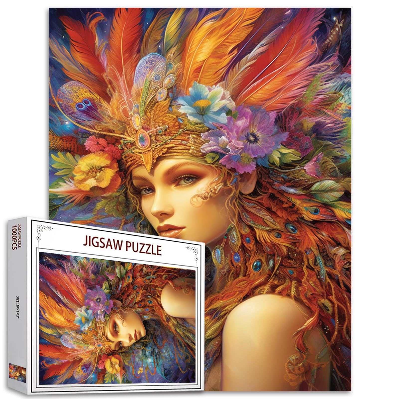Tucocoo 1000 Piece Jigsaw Puzzles for Adults Woman Portrait Painting Jigsaw Puzzle Feather Flowers Girl 1000 Pieces Puzzles for Challenging Family Activity Game Abstract Art DIY Puzzle Wall Decor