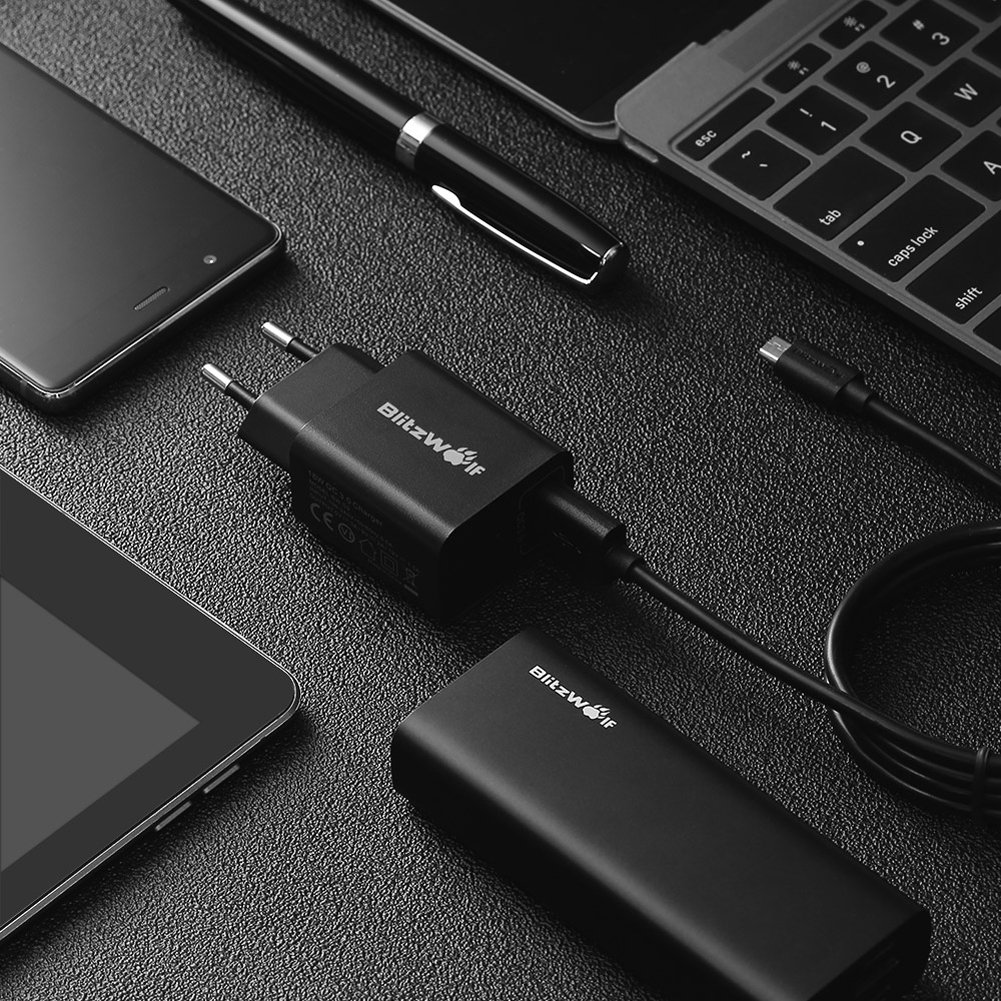 USB Ladegerät, BlitzWolf 18W USB Netzteil Wand Adapter mit 1m 2.4A Micro USB Kabel für iPhone 7 / 6 / 6 Plus, iPad Air 2 / Mini 3, Samsung Galaxy S6 / S6 Edge, Nexus, HTC M9, Motorola, LG, Qualcomm QC2.0, QC3.0, HUAWEI FCP, BC1.2 und usw(Sc