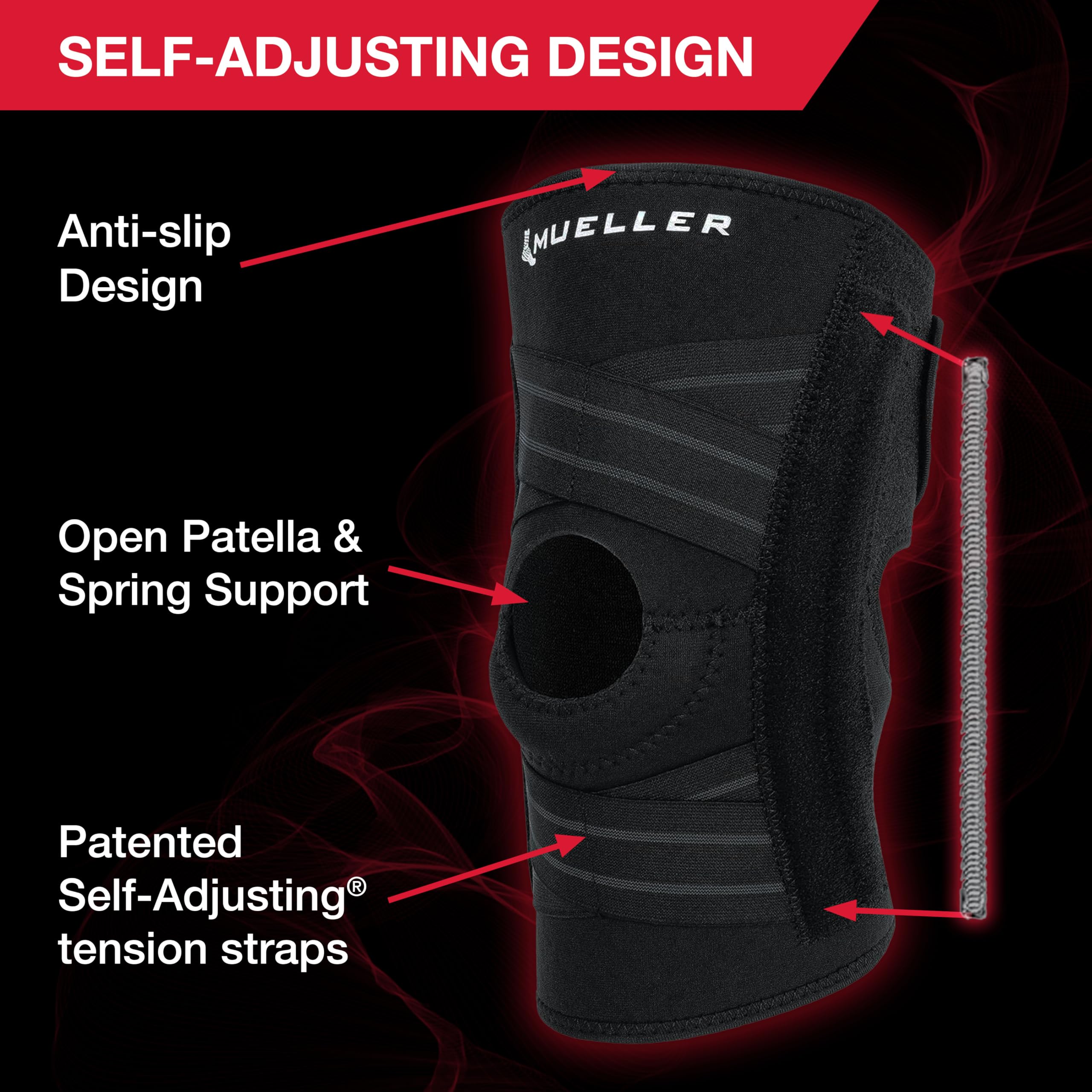 MUELLER Sports Medicine Self Adjusting Knee Brace for Men and Women, Knee Stabilizer for Compression and Pain Relief Support, Ideal for Arthritis, Sprains, Black, One Size