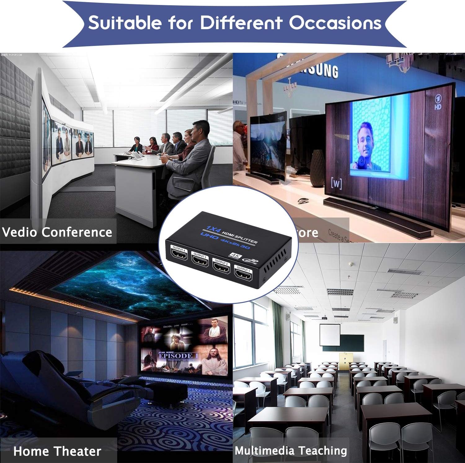 1x4 HDMI Splitter, 1 in 4 Out HDMI Splitter Audio Video Distributor Box Support 3D & 4K x 2K Compatible for HDTV, STB, DVD, PS3, Projector Etc: Home Audio & Theater