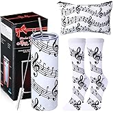 Yahenda Singers Music Gifts for Teacher Women Men, 20 oz Insulated Christmas Stainless Steel Musical Note Travel Tumbler Mug with Straw Brush Socks Makeup Bag Gifts for Lovers(White,Black Music)