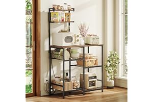 Huuger 31.5 Inch Bakers Rack with Power Outlets, Kitchen Microwave Stand with Storage, Coffee Bar with 4 Hooks, 3-Level Height Open Shelves, Rustic Brown
