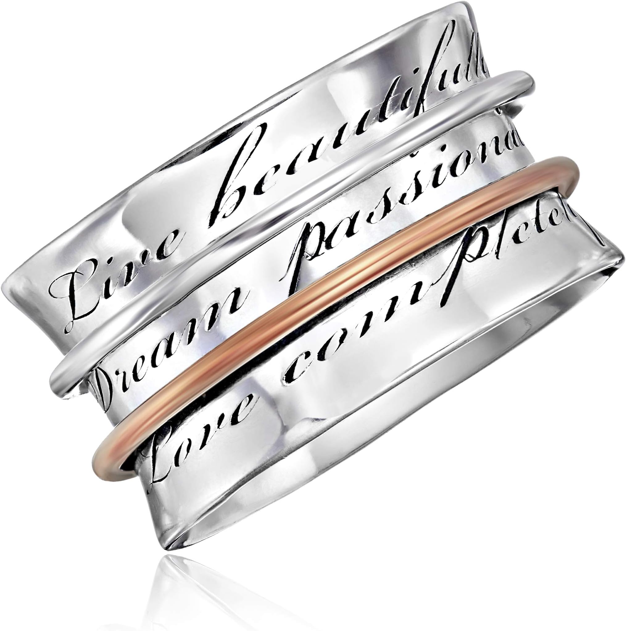 Energy Stone Beau Life Sterling Silver Meditation Spinner Ring with 1 Silver and 1 Copper Spinners (SKU UK57)