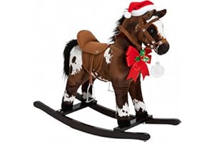 Qaba Kids Wooden Plush Ride-On Rocking Horse Chair Toy with Realistic Sounds Dark Brown/White