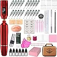 Eyebrow Microblading Tattoo Gun Kit - Professional Tattoo Pen & Brow Pencil Set for Microblading Supply, Semi-Permanent Makeup Tattoo Machine with 50Pcs Needles for Artists Starter (Red, TP39)