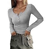 PRETTYGARDEN Women's 2026 Fall Long Sleeve Henley T Shirts Button Ribbed Knit Slim Fit Basic Tops Blouse Casual Outfits