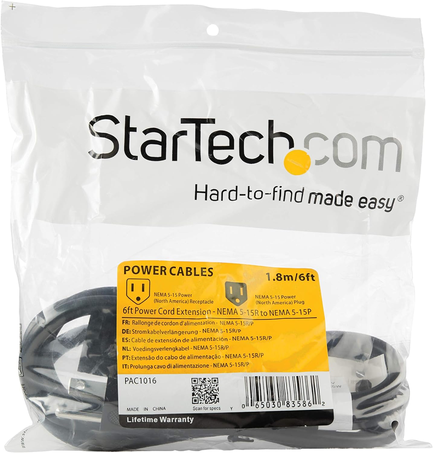 StarTech 6ft Power Cord with 125 Volts at 13 Amps - 16 AWG Power Extension Cable Cord - NEMA 5-15R to NEMA 5-15P (PAC1016): Home Audio & Theater