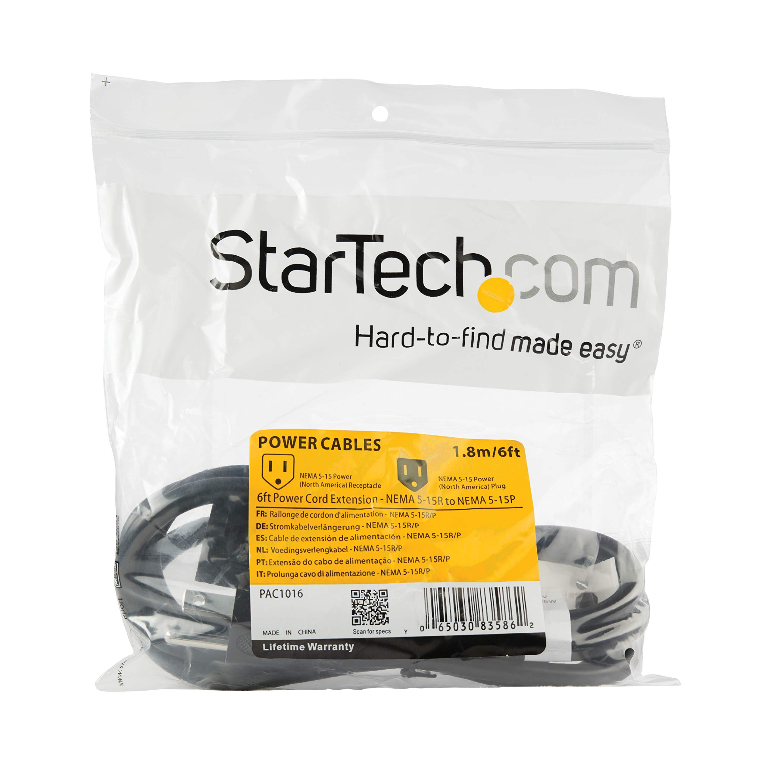 StarTech.com 6ft (2m) Power Extension Cord, NEMA 5-15R to NEMA 5-15P Black Extension Cord, 13A 125V, 16AWG, Outlet Extension Power Cable, AC Power Cord - UL Listed (PAC1016)