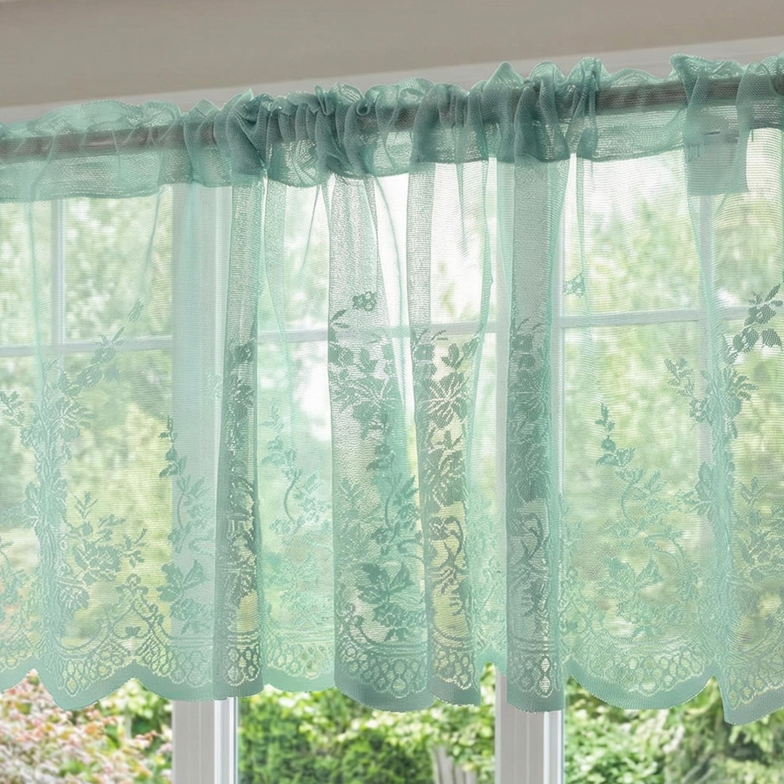 Topmodehome Lace Curtain Valance 51x16in, Floral Embroidered Semi Sheer Curtain Window Valance for Kitchen Cafe Dinning Bath Room 1 Pcs (Beige) (51x16inch, 1pc blue)