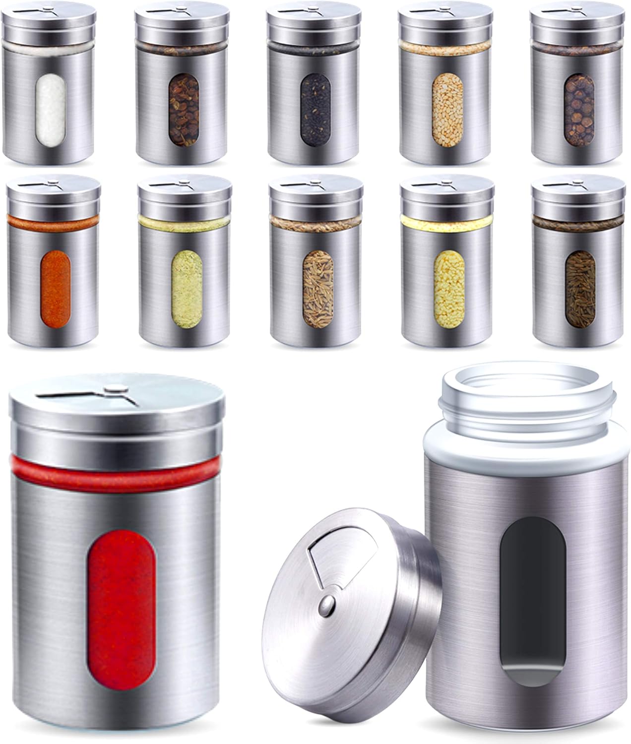 12 Gewürzdosen Silber I Gewürzstreuer Edelstahl Set 80ml I Mit Sichtfenster & 3 fach Streuregulierung I Gewürzgläser für Gewürze/Kräuter