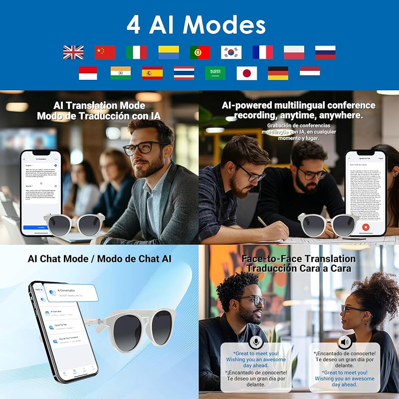 - Gafas Bluetooth, gafas de audio inteligentes de oreja abierta con altavoz y micrófono, gafas de sol polarizadas para hombres y mujeres (Marco Blanco + Lente Gris)