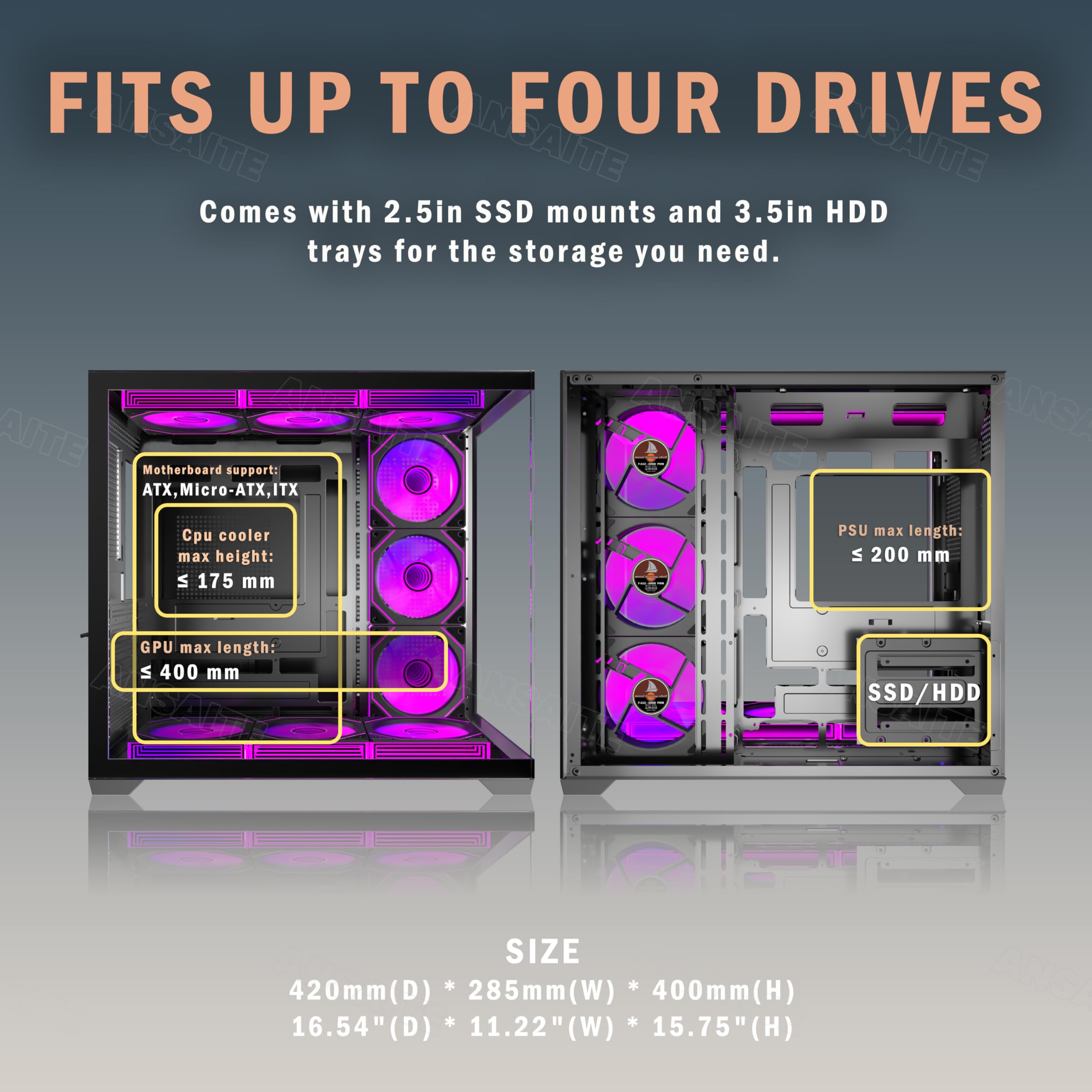 ANSAITE ATX PC-Gehäuse 9×120 mm ARGB PWM-Lüfter vorinstalliert ，Mid-Tower Gaming PC-Gehäuse, Panorama-Gehärtetes Glas Schwarz Computer-Gehäuse mit Typ-C, 360mm Radiator Unterstützung，H-D9 (Schwarz) 9