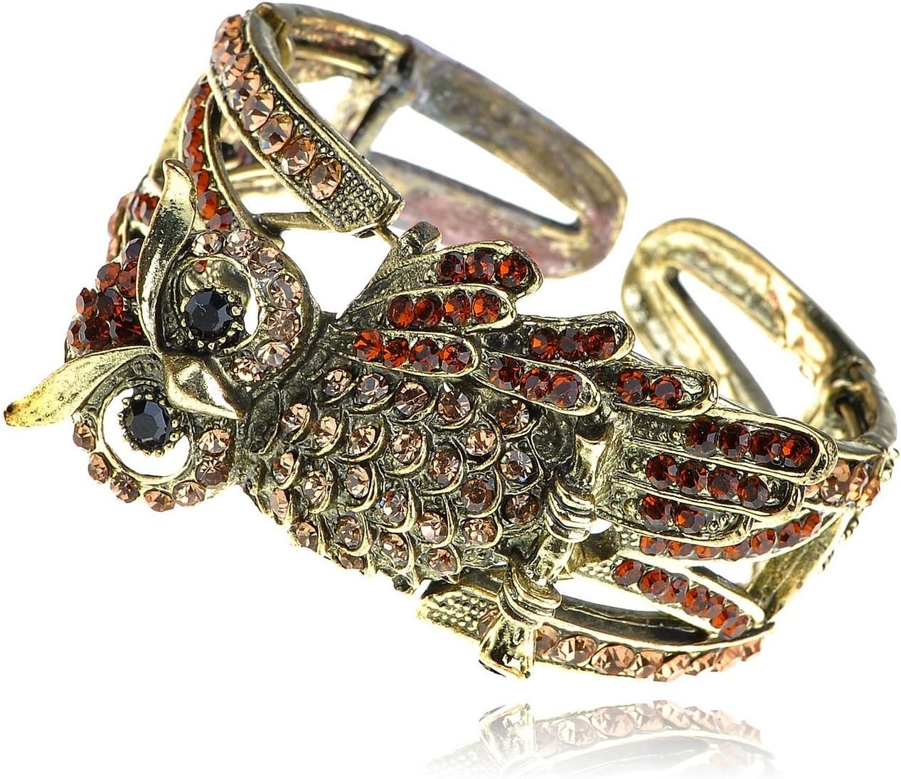 Antique-Inspired Golden Topaz Crystal Rhinestone Owl Bird Bracelet Bangle Cuff