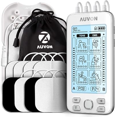AUVON 4-Channel TENS EMS Machine with 10 Pads 24 Modes 2x2 and 2x4 Electrodes