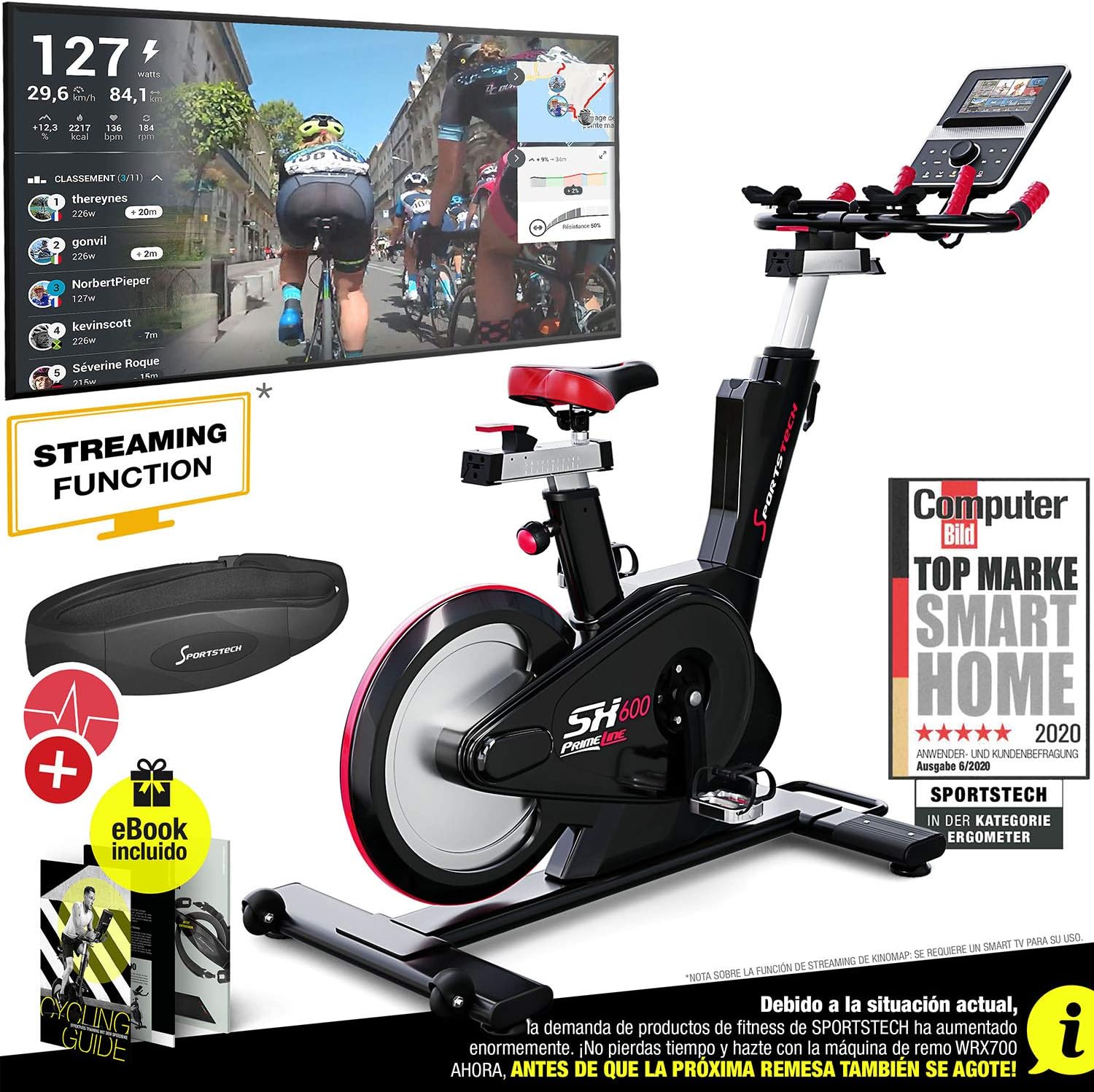 Sportstech Elite Indoor Cycle Bike - German quality brand - Video Events & Multiplayer APP, computer controlled magnetic brake system,26KG flywheel, SX600 Speedbike sport handlebars, ergometer, eBook
