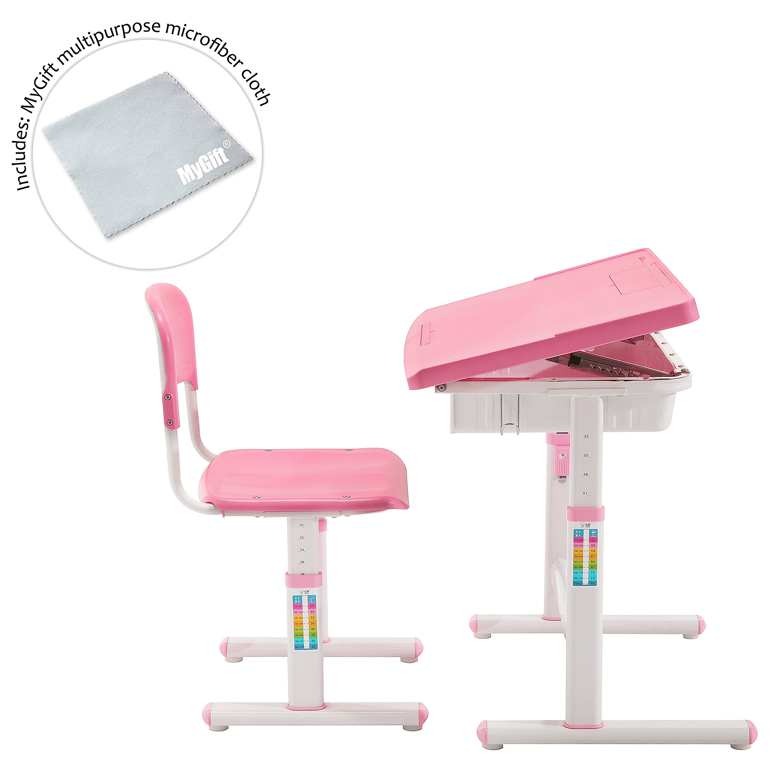 MyGift Child's Adjustable Pink Metal Storage Desk and Chair Set/Slanted