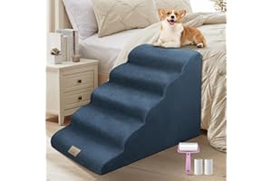 Mestuel Dog Stairs for High Bed 22.8'' H, 5 Steps Dogs Stairs for Bed, Pet Stairs for Small Large Old Dogs to Couch, Pet Ladder with High Density Foam, Non-Slip Balanced Dog Ramp, Lint Rollers, Blue