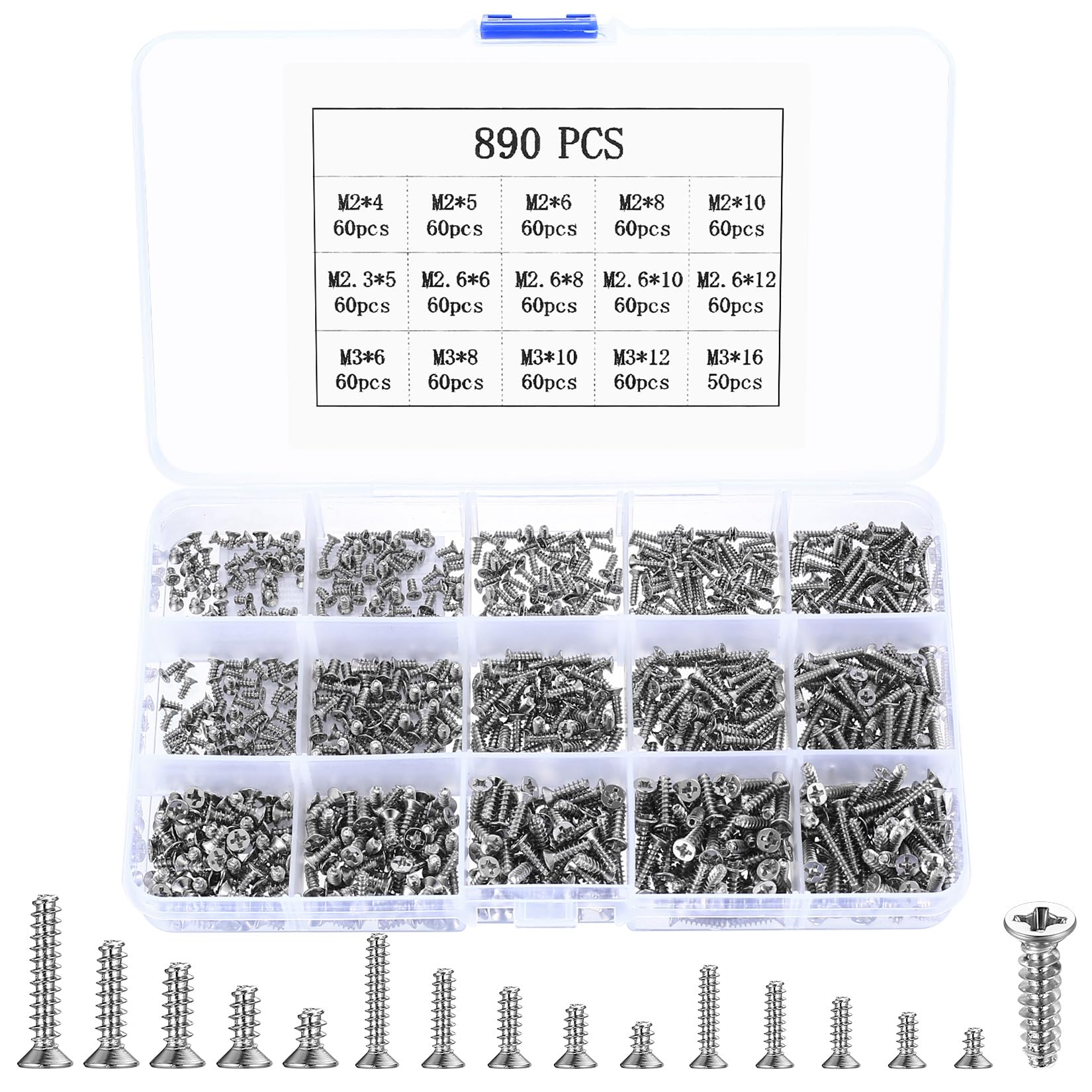 M2 M2.6 M3 Self-Tapping Wood Screws 890 Pcs Assorted Cross, Flat, and Countersunk Heads for Furniture, Masonry, and Decking