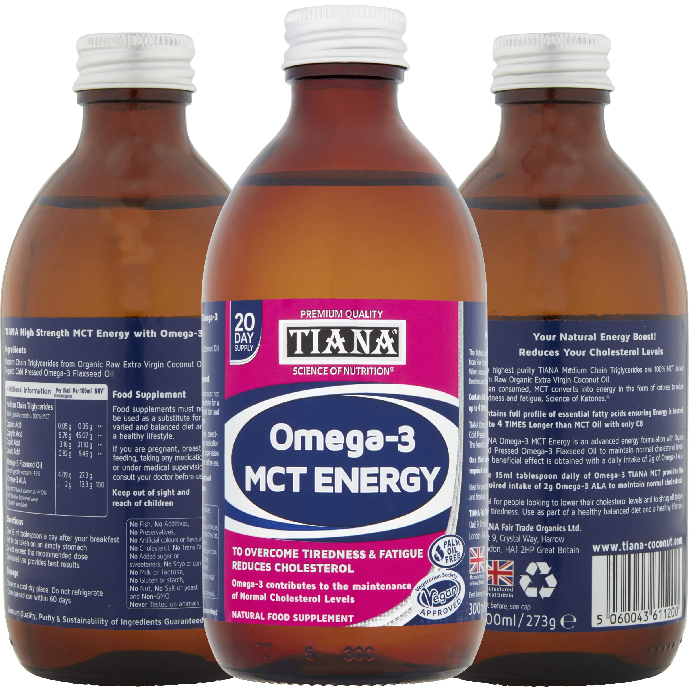 Omega-3 MCT Oil 300ml (Pack of 1) – Organic Coconut MCT with Flaxseed Omega-3 ALA – Supports Energy & Cholesterol Balance – Vegan, Keto & Fairtrade – TIANA