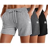 Neer 3 Pack Women's Sweat Shorts, Summer Drawstring Shorts with Pocket Loose Athletic Lounge Casual Running Bottoms